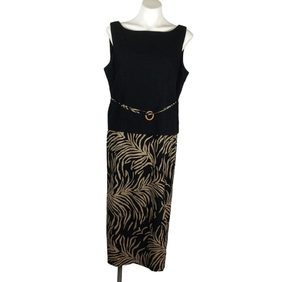 Courtenay Linen blend black and tan leaf/zebra print belted dress - Picture 1 of 12